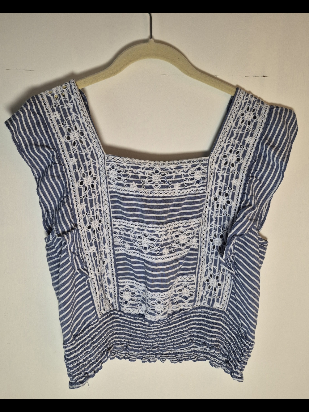 American Eagle Outfitters Blue & White Striped Lace Square-Neck Top